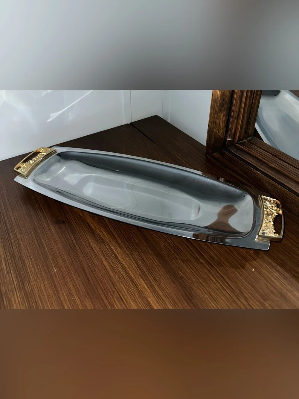 Kromex Chrome Oval Bread / Relish Serving Tray with Ornate Gold Handles 16 3/4”
